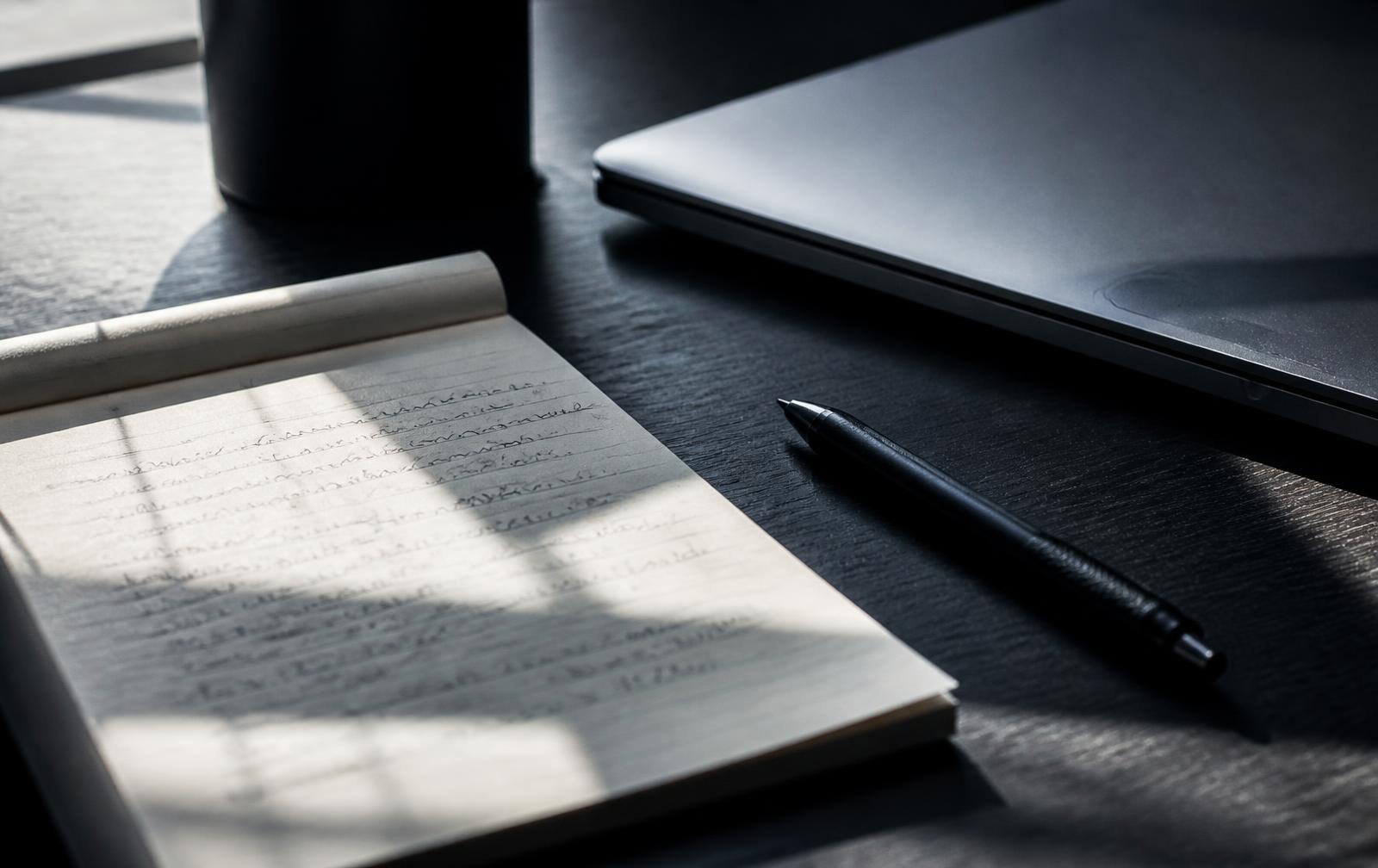 Handwritten interview notes beside a laptop in hard window light