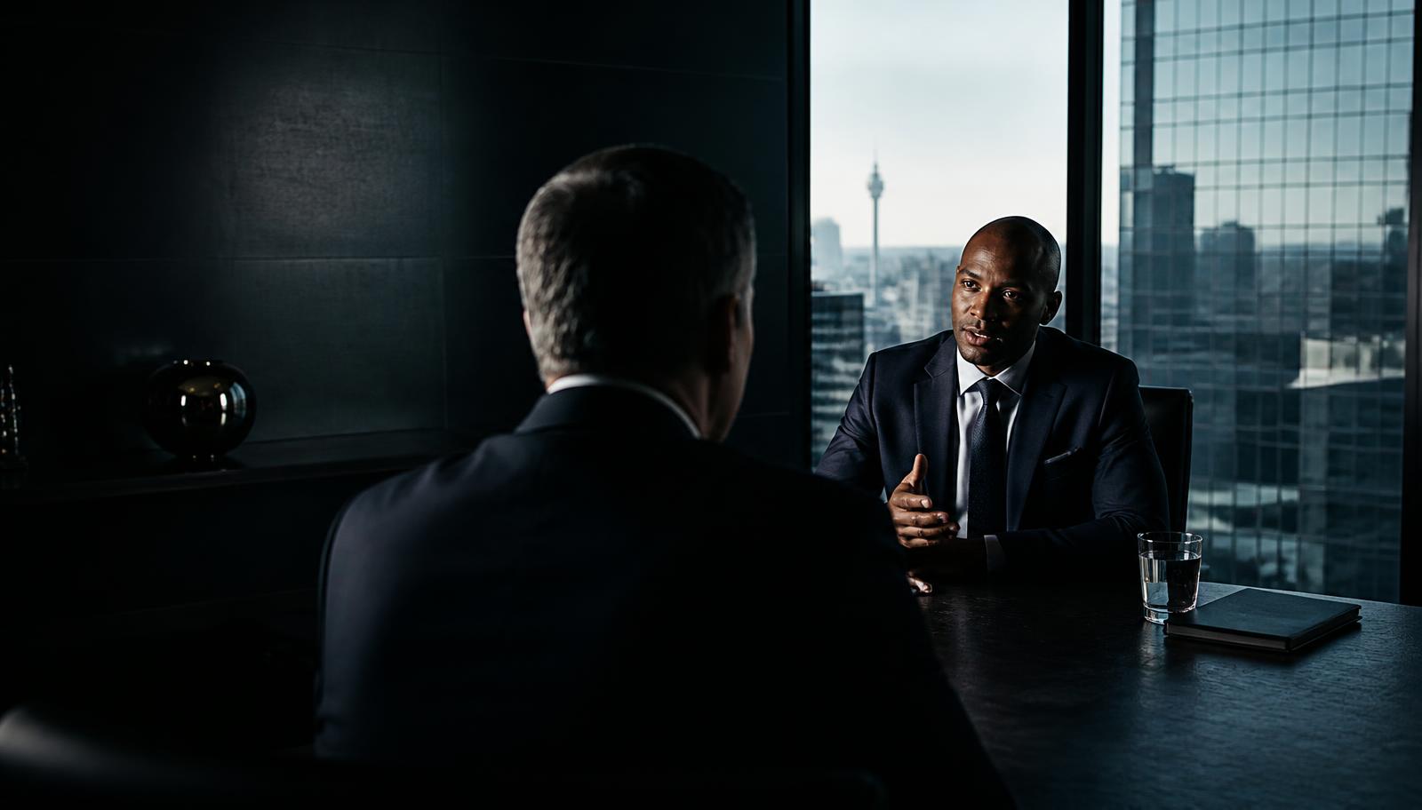 An executive interview across a boardroom table